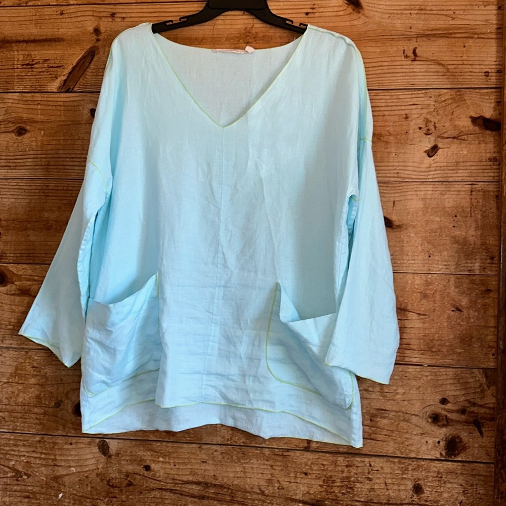 Soft Surroundings 100% Linen Light Blue Top